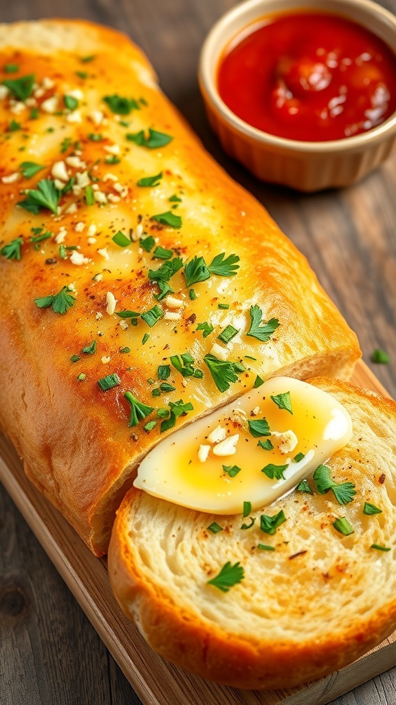 Garlic Bread Recipe A loaf of garlic bread sliced and topped with garlic butter and parsley on a wooden table with marinara sauce.